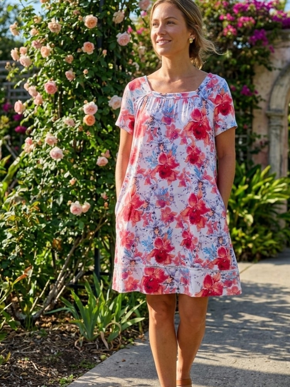 Soft Surroundings Bamboo Tropical Tunic Dress Petite Small Pockets!